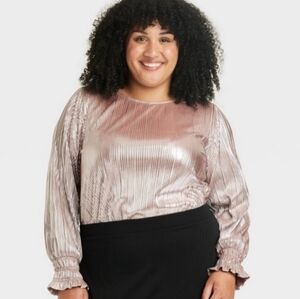 AVA & VIV Blouse Shirt Shimmer Pink Plisse Pleats Champagne Size XXL Plus Size